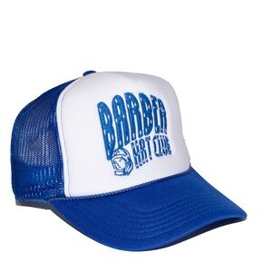 Blue and White Barber Hat Club Trucker Cap